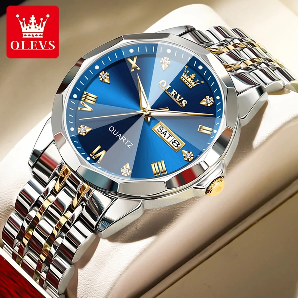 OLEVS 9931 Quartz Watch For Men Rhombus Mirror Stainless Steel Waterproof Auto Date Week Clock Simplicity Luxury Men’s Wristwatch – Blue | NGW-174