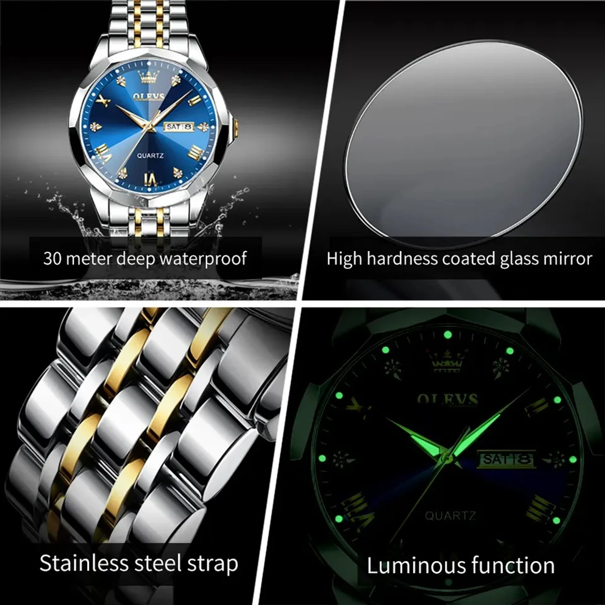 OLEVS 9931 Quartz Watch For Men Rhombus Mirror Stainless Steel Waterproof Auto Date Week Clock Simplicity Luxury Men’s Wristwatch – Blue | NGW-174 - Image 2