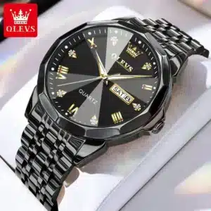 OLEVS 9931 Quartz Watch For Men – Rhombus Mirror Stainless Steel Waterproof Date & Week Luxury Wristwatch (Black) | NGW-175