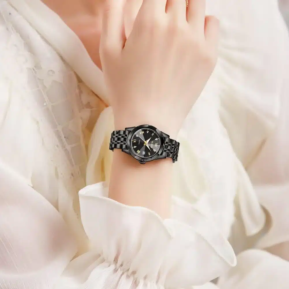 Olevs Original Women’s Analog Quartz Stainless Steel Luxury Watch – Luminous Hands, Date Display (Full Black) | NGW-181 - Image 3