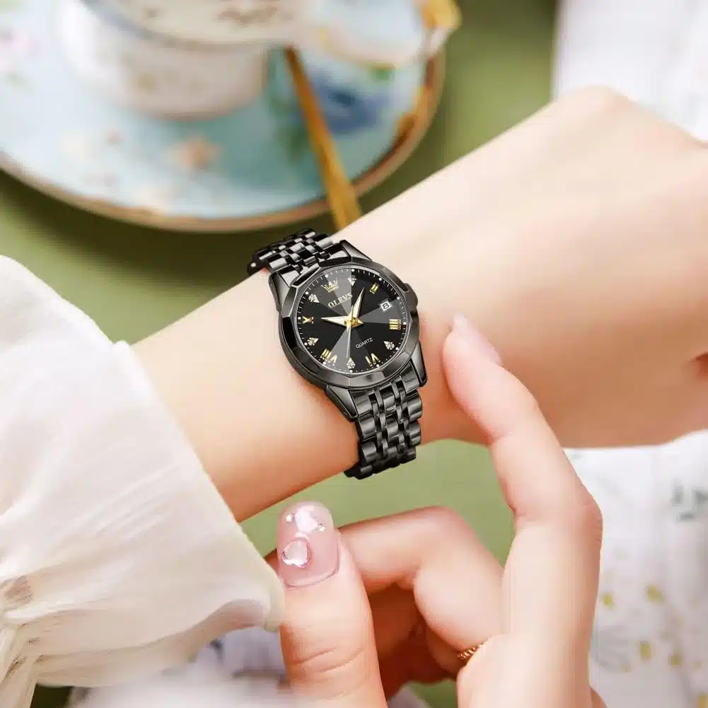 Olevs Original Women’s Analog Quartz Stainless Steel Luxury Watch – Luminous Hands, Date Display (Full Black) | NGW-181 - Image 2